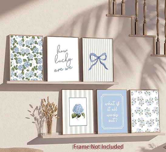 6 Pcs Blue Hydrangea Bow Canvas Wall Art How Lucky Are We Poster Prints Trendy Striped Coquette Paintings Pictures Sage Green Coastal Preppy Aesthetic Wall Decor for Girl Room Bedroom Living Room Office Dorm Apartment 8x10 Inch Unframed thumbnail 6