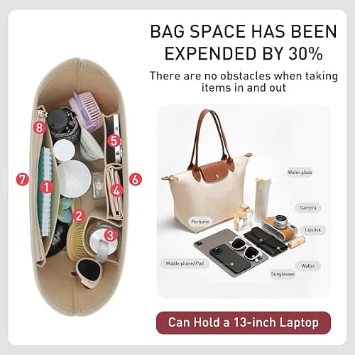 OAikor Felt Purse Organizer Insert for Longchamp Le Pliage L Tote Bag & M Handbag, Zipper Long Champ Bag Organizer Insert with Cup Holder, Women Bags Divider Shaper with 8 Compartments (Beige,L) thumbnail 3