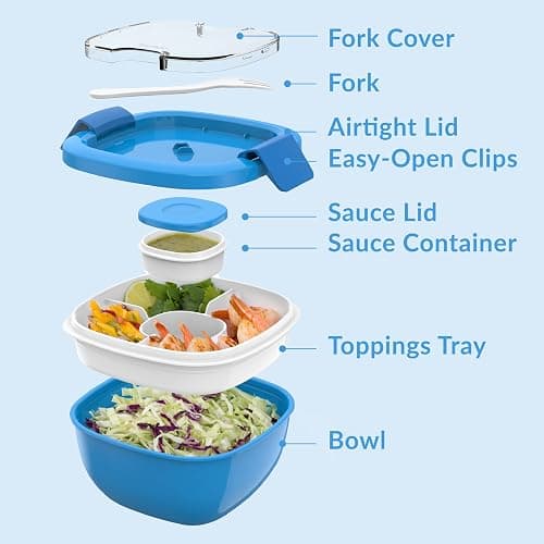 Bentgo Salad Container - 54 oz Bowl with 4-Compartment Toppings Tray, Leak-Proof Dressing Container, Reusable Fork, BPA-Free Lunch Box for Meal Prep & Food Storage; Removable Bento Tray (Blue) thumbnail 7
