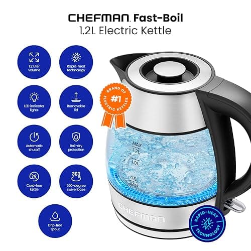 Chefman 1.2L Electric Tea Kettle with LED Lights, Automatic Shut Off, Removable Lid, Boil-Dry Protection, Hot Water Electric Kettle Water Boiler, Electric Kettles for Boiling Water thumbnail 3