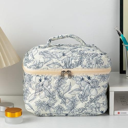 Aucuu Beauty Case, 3 Pieces Floral Large Capacity Makeup Bag, Quilted Toiletry Bag, Soft Cotton Travel Beauty Case, Large Quilted Toiletry Bag Makeup Bag Organizer, #5 Dark Blue Flowers, 3PCS thumbnail 9