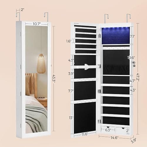 SONGMICS 6 LEDs Mirror Jewelry Cabinet, 47.2-Inch Tall Lockable Wall or Door Mounted Jewelry Armoire Organizer with Mirror, 2 Drawers, Christmas Gift, 3.9 x 14.6 x 47.2 Inches, White thumbnail 3