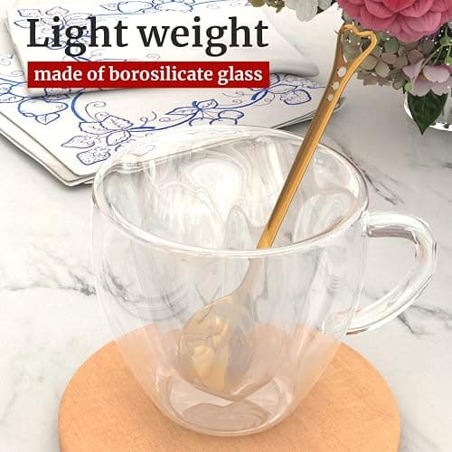 Heart Shaped Cup - Double Walled Insulated Glass Coffee Mug or Tea Cup - Double Wall Glass 10oz (300ml) - Clear - Unique & Insulated with Handle - With Teaspoon thumbnail 5