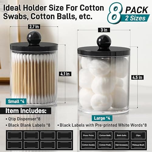 8 Pack Acrylic Qtip Holder Dispenser for Cotton Swabs, Balls, Pads, Floss - Plastic Canister Apothecary Jar Set, Bathroom Essentials Accessories Decor Vanity Makeup Storage Organizer - Clear & Black thumbnail 3