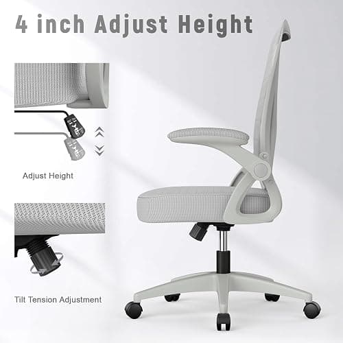 naspaluro Ergonomic Office Chair, Mid Back Desk Chairs with Adjustable Height, Swivel Chair with Flip-Up Arms and Lumbar Support, Breathable Mesh Computer Chair for Home/Study/Working, Grey thumbnail 4