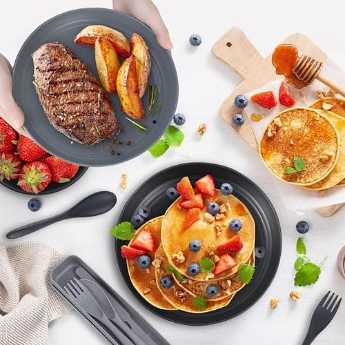 Wheat Straw Dinnerware Sets, Wheat Straw Plates and Bowls Sets for 4 Kitchen Dishes 28pcs College Dorm Room Essentials Cutlery Set Microwave Safe (Black) thumbnail 7