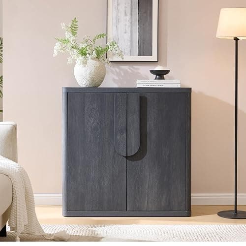 NOWABAY 34.5'' Sideboard Buffet Cabinet W/Storage, Modern Accent Cabinets W/Curved Handles & Adjustable Shelves, 4 Doors Coffee Bar Buffet Table Credenza for Living Room Kitchen Hallway, Dark Grey thumbnail 7