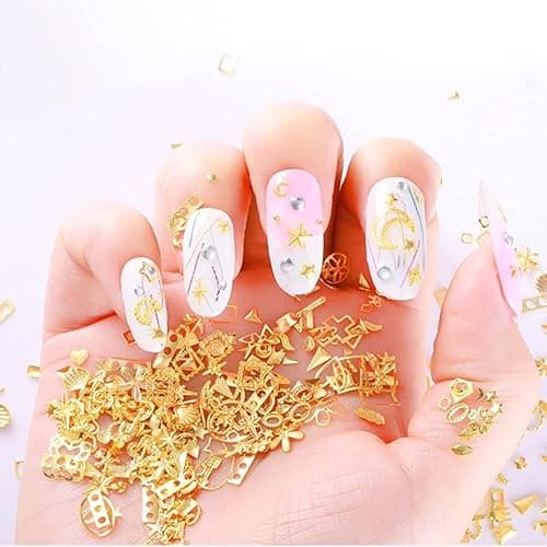 3 Box golden nail charm set with golden cross, star, rose and moon – 3D chrome nail decorations, ear studs, nail art accessories for nails, decor, handicrafts, DIY thumbnail 5