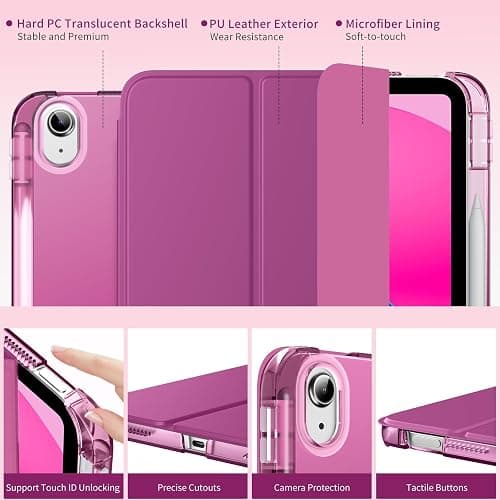 MoKo for iPad (A16) 11th Generation Case 11 Inch 2025, iPad 10th Generation Case 10.9 Inch 2022 with Pencil Holder, Slim Light Trifold Protective Cover with Hard PC Translucent Back Shell, Fuchsia thumbnail 3