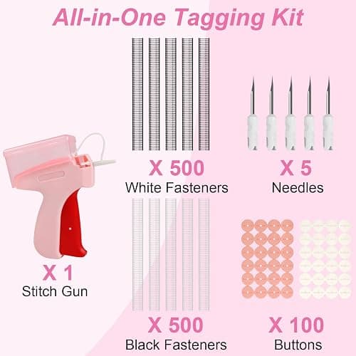 Rudnia Stitch Gun for Clothes, Tagging Gun for Clothing, Stitchy Micro Stitch Gun with Case, Includes 5 Needles, 500 Black & 500 White Micro Fasteners, 100 Silicone Stickers (Pink) thumbnail 6