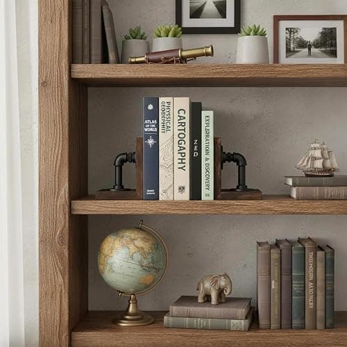 MyGift Book Ends Decorative, Bookends for Shelves, Metal Bookends for Heavy Books, Office Decor for Men, Wood Book Stopper, Realistic Industrial Pipe Design, Dark Brown thumbnail 4