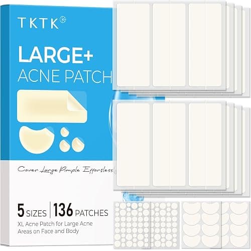 TKTK Large Pimple Patches for Face & Body, 68x27mm, 5 Sizes 136 Count | XL Hydrocolloid Bandage, Acne Patches Absorb Breakouts for Forehead, Chin, Nose, Chest and Back, Gentle on Sensitive Skin - Image 1