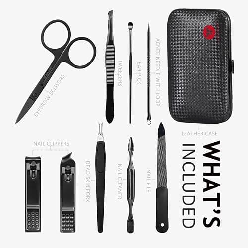 HANTEKAS Manicure Set 9 in 1 Stainless Steel, Nail Clippers Scissors Pedicure Tools Kit - Portable Travel Grooming Kit for Men and Women with Black/Red Leather Case (Red) thumbnail 2