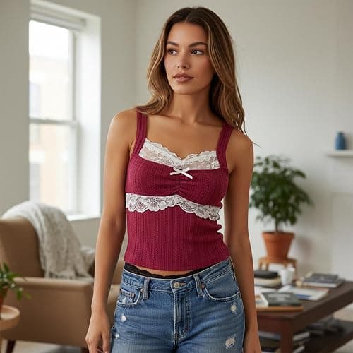 Women Grunge Coquette Tops Y2K Cute Core Vintage Aesthetic Fairy Shirts 2000s Lace Trim Tank Top Downtown Girl Clothes thumbnail 6