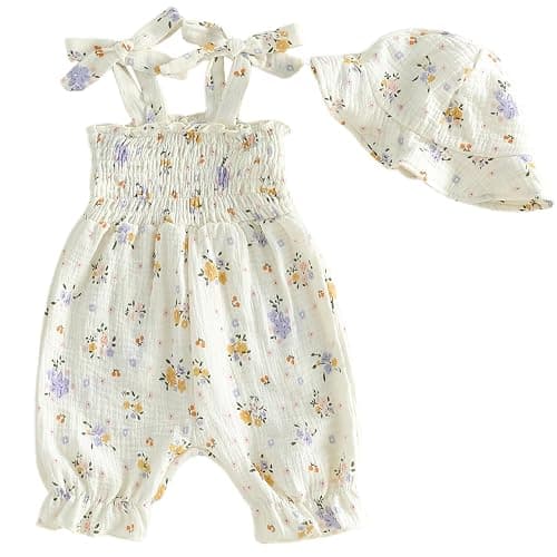 Yabijiojio Baby Girl One Piece Romper with Hat, Newborn Infant Floral Heart Tulip Print Romper Jumpsuit for 0-18 Months - Image 1
