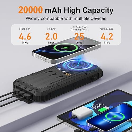 Solar Power Bank 20000mAh Wireless Portable Charger Built-in 3 Cables 15W USB-C Fast Charging Battery Pack Compatible with iPhone, Samsung, iPad, Emergency LED Flashlights Perfect for Camping, Hiking thumbnail 4
