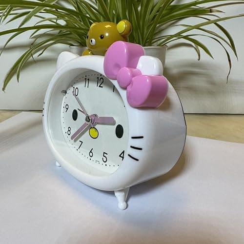 Fuxizest Cute Cat Alarm Clock, Kawaii Alarm Clock，Cartoon Cat Clock，Cute Clock，White with Pink Bow, Yellow Bear Topper, Kids Room Decor (White with Little Bear) thumbnail 4