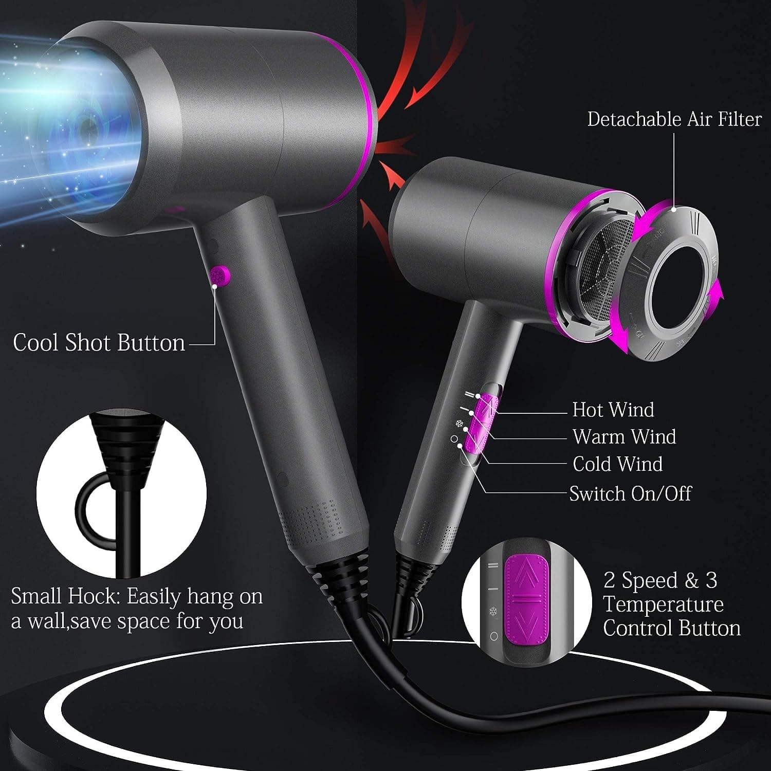 NEWSEE 2200W Professional Hair Dryer Powerful AC Motor Quick Drying Ionic Dryer with 2 Speed 3 Heat Setting, Cool Shot Button with 1 Diffuser & 2 Concentrator for Multi Women Man Hairstyles (AU Plug) (Dark Grey) thumbnail 3