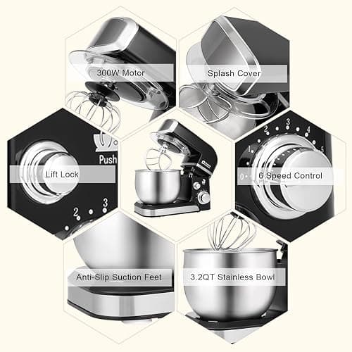 Kitchen in the box Stand Mixer,3.2Qt Small Electric Food Mixer,6 Speeds Portable Lightweight Kitchen Mixer for Daily Use with Egg Whisk,Dough Hook,Flat Beater (Black) thumbnail 6