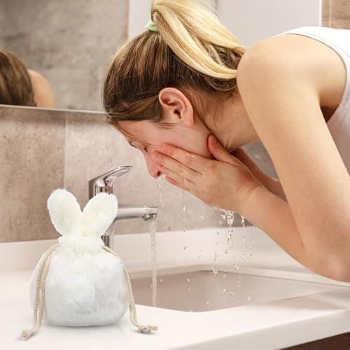 Luxshiny Plush Bunny Ears Drawstring Bag: Soft Plush Bag Cute Bunny Makeup Pouch for Travel and Daily Use, Beige White Cosmetic Pouch Fluffy Purse for Girls thumbnail 9
