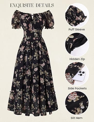 Scarlet Darkness Floral Corset Dress Women Summer Cottagecore Flowy Dress | Puff sleeve, off the shoulder or square neck, slit hem, side pockets; ideal for tea party, wedding, vacation, date thumbnail 6