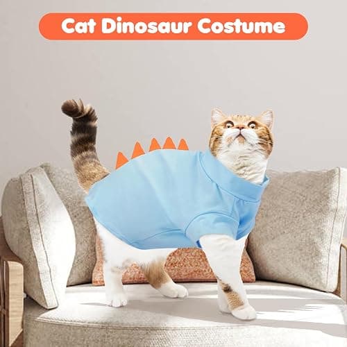 DENTRUN Sphynx Cat Clothes, Cute Dinosaur Design Hairless Cat Costume, Breathable Cotton Shirts Cat Clothes for Cats Only, Round Collar Kitten Daily T-Shirts with Sleeves, Cats Funny Cosplay Apparel thumbnail 5
