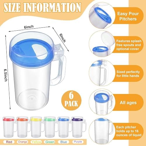 Newtay 6 Pack Early Learning Kids Easy Pouring Mini Pitchers Clear Plastic Pitcher with Lid and Handle Easy Pour Bottles 16 Oz. Jugs with Lids for Classroom Nursery Home (Colorful) thumbnail 3