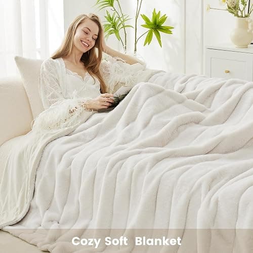 Cozy Bliss Faux Fur Throw Blanket for Couch, Cozy Soft Plush Thick Winter Blanket for Sofa Bedroom Living Room, 50 * 60 Inches Beige thumbnail 3