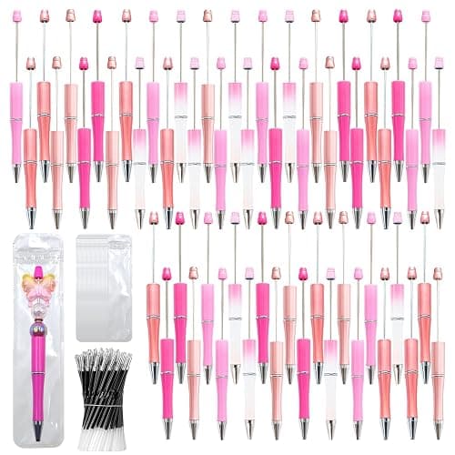 DASTTUIS 150 Pieces DIY Beadable Pen Kit – 50 Plastic Ballpoint Pens with Refills & Bags – School Supplies, Office Accessories & Decorative Items for Students & Teachers (Pink) - Image 1