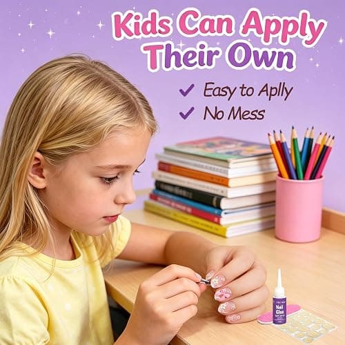 24pcs Press on Nails for Kids, Trendy Ballet Bow & Flower for Girls 8-12 | Almond Short French Tips, 12 Size, Non-Toxic, Fashion Nail Kit with Adhesive Tabs, Nail File, for Christmas, Birthday, Party thumbnail 3