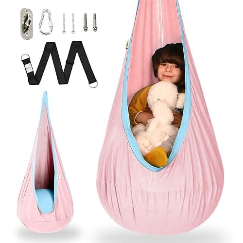 OUTREE Kids Pod Swing Seat, Cotton Child Hammock Swing Chair, Sensory Swing for Indoor and Outdoor Use, Macaron Pink - Image 1