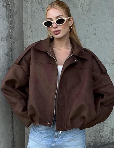 Kissonic Womens Faux Suede Bomber Jacket Oversized Long Sleeve Cropped Coat | Lapel Collar, Batwing Sleeve, Shoulder Straps, Pleated Hems, Zip Up, Casual Trendy Outerwear Streetwear thumbnail 2