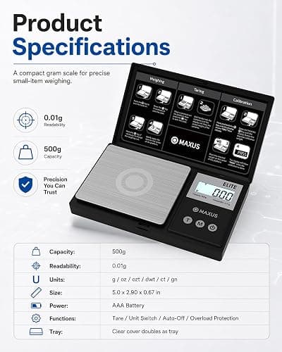 MAXUS Digital Pocket Gram Scale 500g x 0.01g High Precision with Tray | Weighs Small Food, Jewelry, Ounces, Grains, LCD Display, Tare Function thumbnail 9