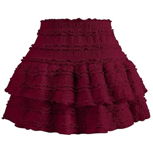 Women's Pleated Ruffle Mini Skirt Lace High Waist Layered Flared Flowy Tiered Short Skirt thumbnail 3