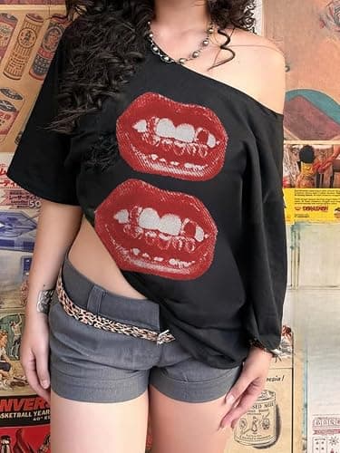 Hesaco Off The Shoulder Cute Shirts for Women Oversized Tshirt Y2k Graphic Tee Lips Print Baggy Shirts Vintage Tops thumbnail 2