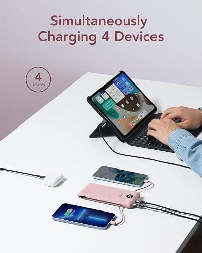VEGER Portable Charger with Built-in AC Plug and Cables, All in One 10000mAh Ultra Slim Power Bank Travel Essentials, Fast Charging Battery Pack Compatible with iPhone, Samsung, Android (Crepe) thumbnail 4