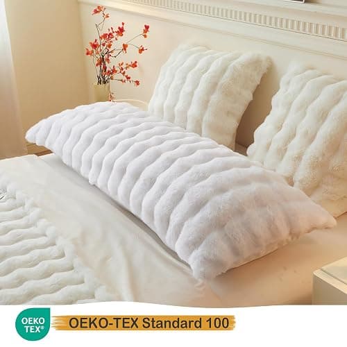 LIFEREVO Fluffy Faux Rabbit Fur Body Pillow Cover, Luxury Bubble Waffle Shaggy Plush Bed Body Pillowcase with Zipper Closure, Long 20"x54" Fuzzy Furry Pillow Case for Adults Kids Girls Teens, White thumbnail 3