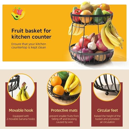 Sevenblue 2 Tier Fruit Bowl for Kitchen Counter, Black, Extra Large | Sturdy Metal Basket for Fruit, Bread & Onions, Modern Wire Fits Various Styles, Includes Food-Safe Mats to Keep Produce Fresh thumbnail 4