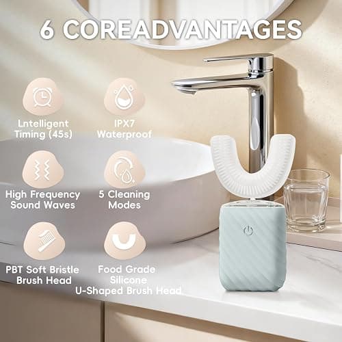 Ultrasonic Automatic Electric Toothbrush for Adults- U Shaped (Light Blue) | self Brushing Toothbrush, 360° Mouth Cleaning, 5 Modes for Whitening, IPX7 Waterproof Rechargeable thumbnail 2