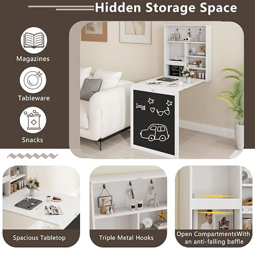Tangkula Foldable Wall-Mounted Desk, Floating Desk with Chalkboard, Storage Shelves & Hooks, Space-Saving Murphy Table for Home Office, Bedroom, Dorm Room, Small Spaces thumbnail 6