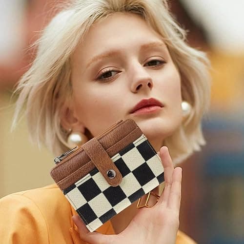 MAIITRIP Small Checkered Wallet for Women,RFID Blocking PU Leather Bifold Wallet,Cute Compact Credit Card Holder Purse with 8 Card Slots,ID Window and Coin Pocket(brown) thumbnail 2