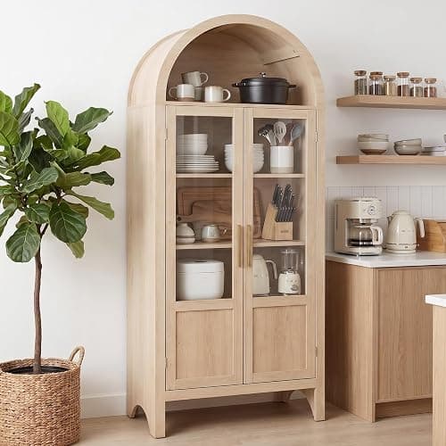 VATROS 71" Tall Arched Storage Cabinet with 2 Doors and 5 Shelves, Modern Pantry Cabinet with Transparent Doors, Floor Cabinet for Living Room, Kitchen, Dining Room, Bathroom, Nature Wood - Image 1