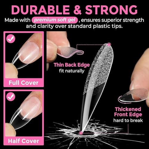 UNA GELLA Almond Nail Tips, 216pcs Pointed Almond Gel Nail Tips Pre-shape Half Matte Full Cover Clear Acrylic Soft Gel Fake Nails for Nail Extension Nail Art 12 Sizes thumbnail 5
