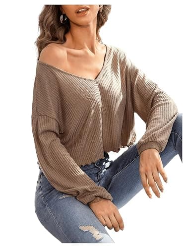 SweatyRocks Women's Long Sleeve Tee Shirt V Neck Ribbed Knit Lettuce Trim Crop Top thumbnail 3