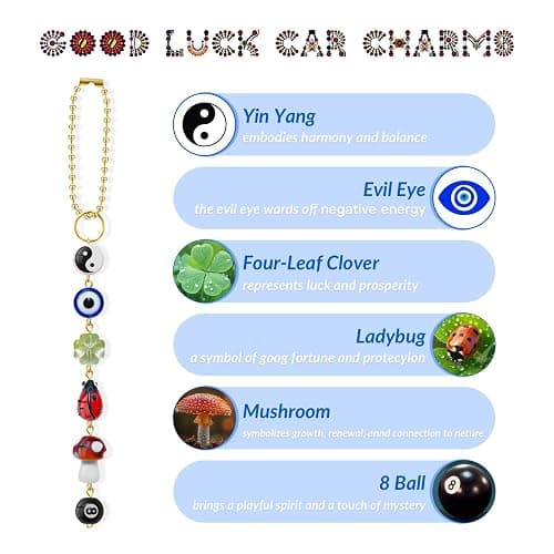 Toejut Evil Eye Car Hanging Ornament, Cute Car Charm for Rear View Mirror, Good Luck Decor with Four-Leaf Clover, Ladybug, 8 Ball, Mushroom, Yin Yang Symbo, and Boho Car Accessories thumbnail 3