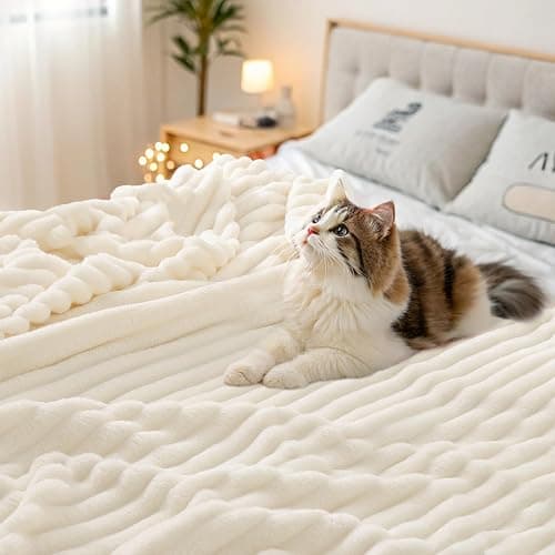 decorUhome Christmas Soft Fleece Cream White Blanket Queen Size for Bed, Cozy Fluffy Plush Flannel Large Striped Throws for Couch Sofa, Lightweight Decorative Fuzzy Blanket for Woman, 90x90 Inches thumbnail 5