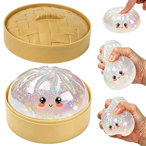 Glitter Dumpling Squishy Toy, Stretchable Squishies Dumpling Squeeze Stress Balls with Food Steaming Box, Fidget Squishy Squeeze Toys for Holiday & Birthday Gifts (White) - Image 1
