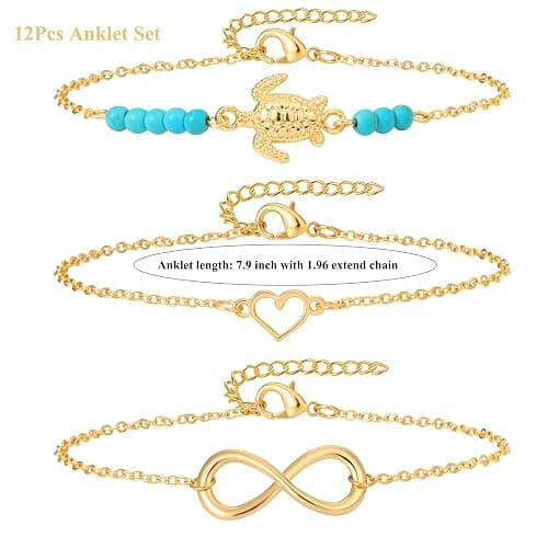 Starain 12Pcs Summer Beach Anklets for Women Waterproof Gold Silver Chain Ankle Bracelets Cute Women's Foot Anklet Set 7.9-10.5 inch Adjustable thumbnail 4