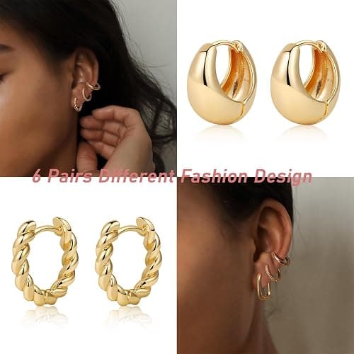 MIDEEO Gold/Sliver Chunky Hoop Earrings Set for Women, 14K Gold Plated Twisted Huggie Hoop Earring Hypoallergenic Thick Open Lightweight Chunky Hoop Earrings Jewelry for Gifts thumbnail 6
