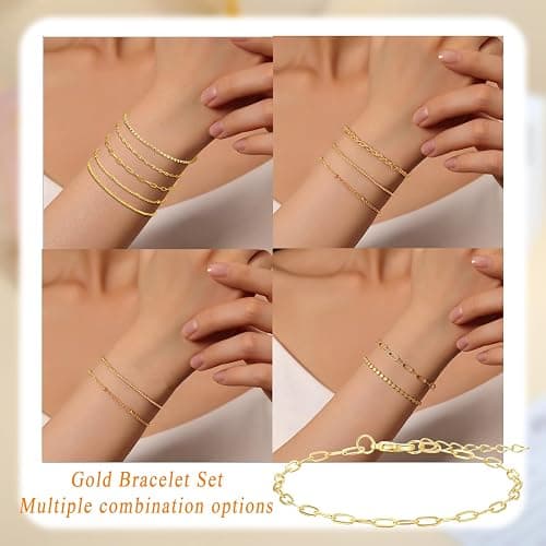 MKLUUO Gold Bracelets for Women, Dainty Adjustable 14K Gold Plated Herringbone Link Bracelet Set Trendy Stack Beaded Paperclip Chain Gold Bracelet Valentine Mothers Day Jewelry Gifts thumbnail 5